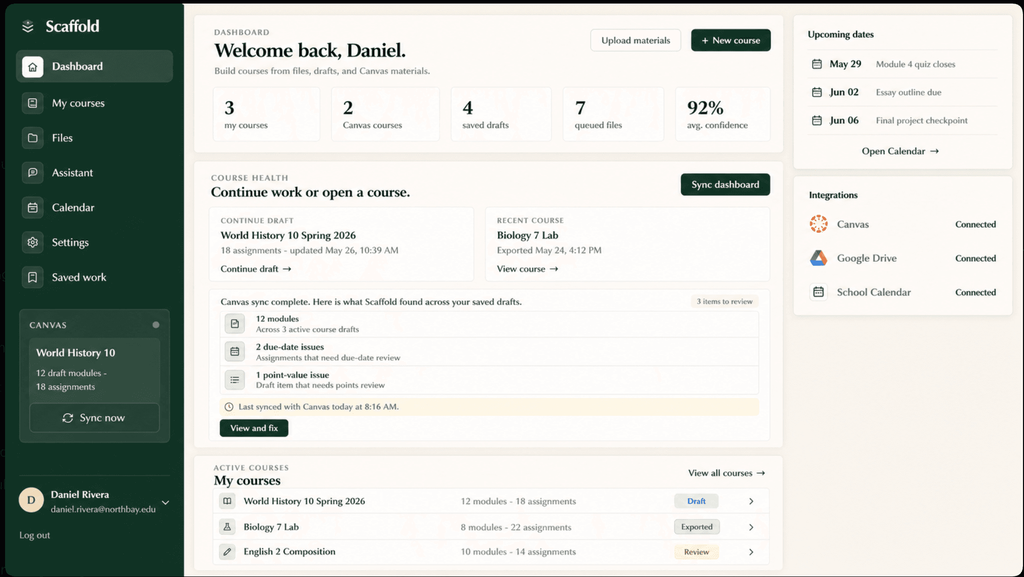 Scaffold dashboard showing course health, Canvas integrations, and saved course work